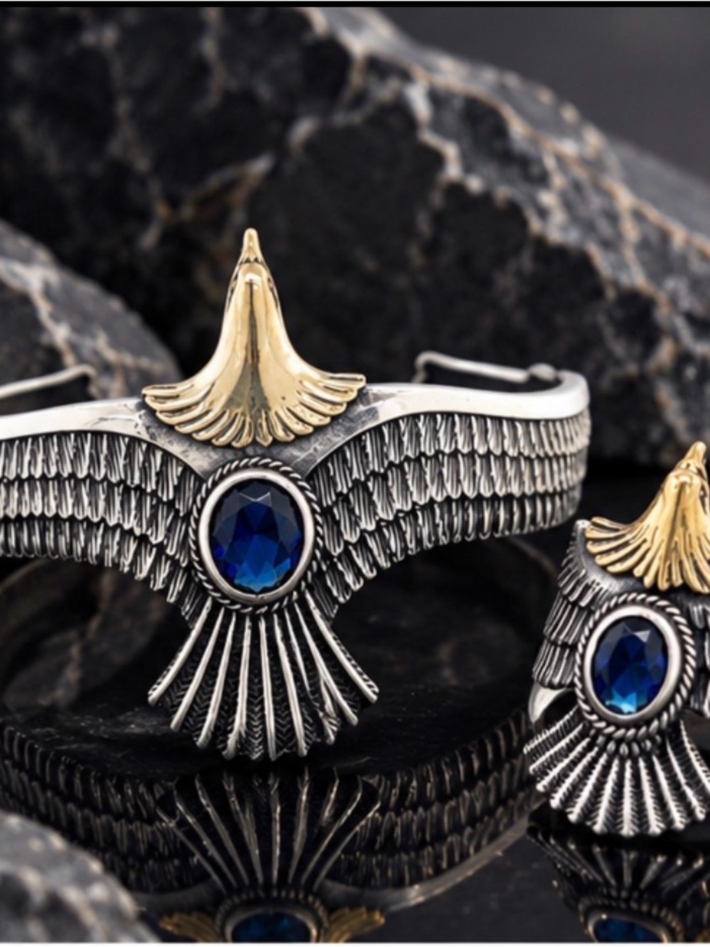 Gold &  stealing Silver Eagle Cuff Bracelet with Blue Stone - Women Jewelry